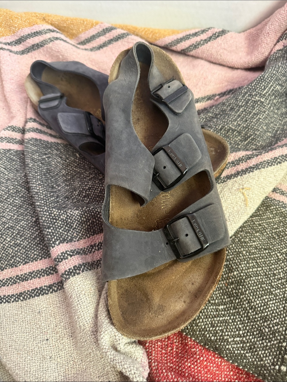 Birkenstock Milano Women's Two-Buckle Slides in Charcoal Blue Gray